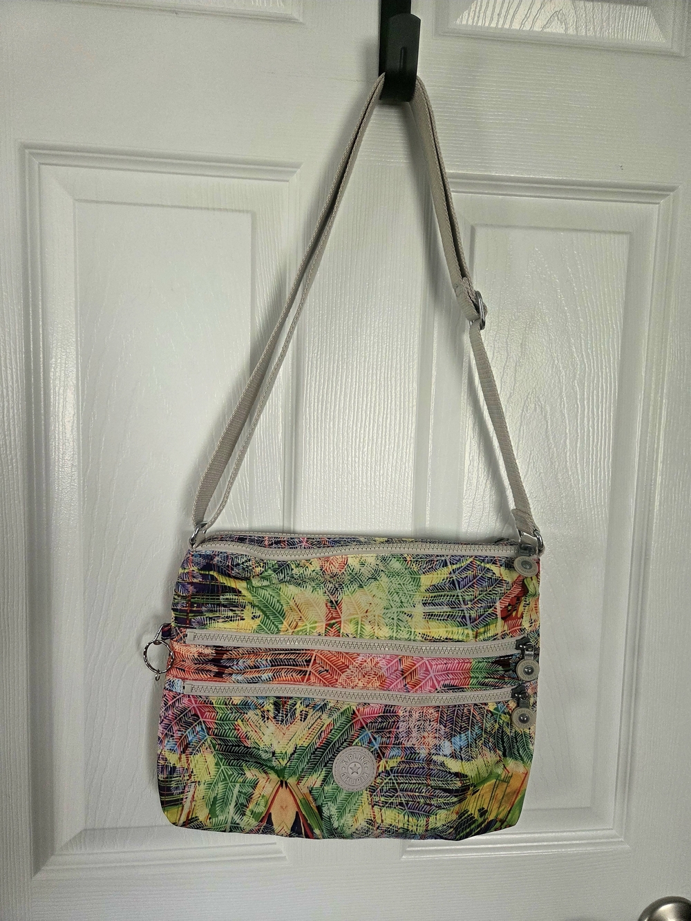 Kipling Multicolor Tropical Print Crossbody Bag with Beige Strap